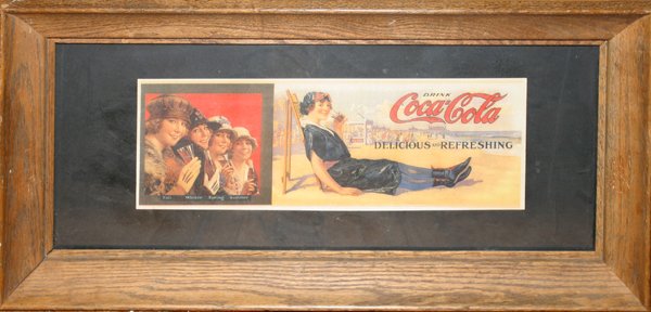 FRAMED PRINT OF A COCA-COLA ADVERTISEMENT, : FRAMED PRINT OF A COCA-COLA ADVERTISEMENT, 14" X 28":Girl in a black dress along with four ladies. Art Deco oak frame.