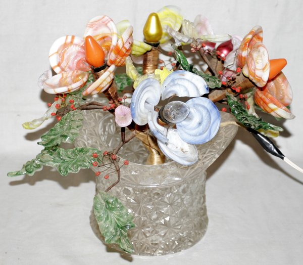 DAISY & BUTTON GLASS TOP HAT W/CZECH FLOWERS: 'DAISY & BUTTON' PATTERN GLASS TOP HAT FITTED WITH CZECHOSLOVAKIAN GLASS FLOWERS, H 11", DIA 7":Flowers are fitted with lights, some petals missing. From the estate of Rose Bauer, Brooklyn Mi.