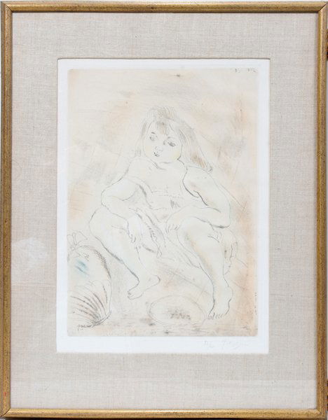 JULES PASCIN SOFT GROUND ETCHING & DRYPOINT,: JULES PASCIN (1885-1930), SOFT GROUND ETCHING & DRYPOINT, #32/40, 14" X 10", FEMME ASSISE':Pencil signed and numbered 32/40 lower right, signed in the plate lower left, under glass, linen mat, in a mo
