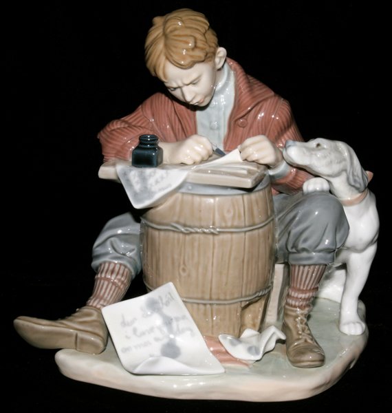 NORMAN ROCKWELL 'LOVE LETTER' BY LLADRO FIGURE: NORMAN ROCKWELL 'LOVE LETTER' BY LLADRO PORCELAIN FIGURE (1406), H 7 1/2":After Rockwell's cover for The Saturday Evening Post, "Little Boy Writing Letter", number 1406, limited edition 650/5000. Hand