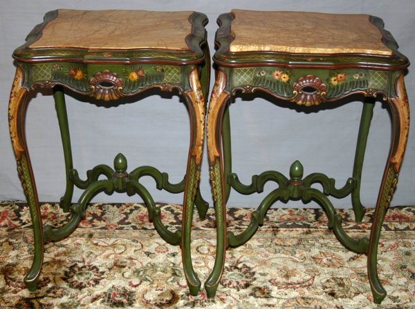 VENETIAN STYLE MARBLE-TOP TABLES, PAIR, C. 1940: VENETIAN STYLE MARBLE-TOP TABLES, PAIR, C. 1940, H 29", W 20":Green decorated frames. Pierced frieze. Beige marble inset tops. Curved connecting stretchers. Measures H.29" x 20" x 20". Properties of N