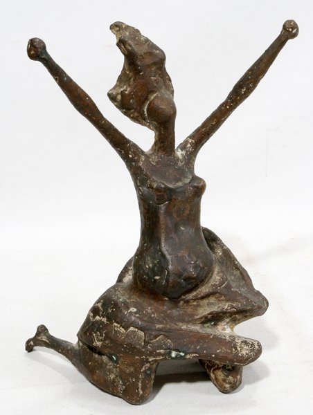 JOSE CARRILERO (20TH C.) BRONZE OF DANCER, H 9": JOSE CARRILERO (20TH C.), BRONZE SCULPTURE OF DANCER, H 9":Rendered kneeling with arms raised over head; signed at the back; H.8 3/4". Jose Carrilero, Spanish, born 1928.