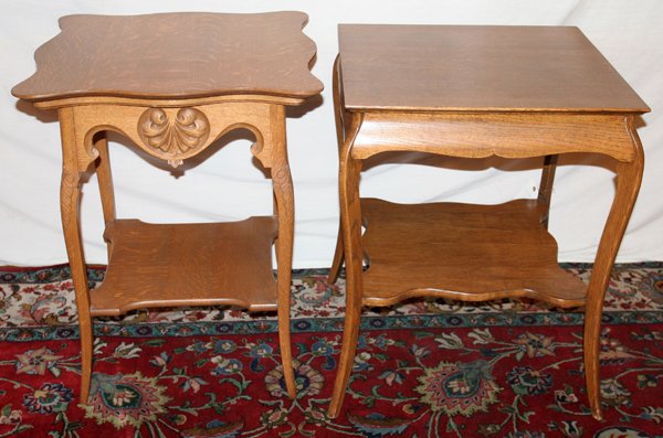 AMERICAN OAK TABLES, C. 1900, TWO: AMERICAN OAK TABLES, C. 1900, TWO:Including 1 table with a scalloped top and shell motif at the apron, raised on modified cabriole legs joined by a shelf stretcher; and 1 with a square top above a not