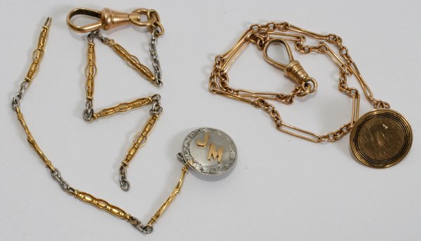 14KT GOLD POCKET WATCH & A GOLD-FILLED CHAIN: 14KT GOLD POCKET WATCH CHAIN & A GOLD-FILLED CHAIN:14 kt yellow gold pocket watch chain is 9", having a disc that is not monogrammed. Gold filled pocket watch chain is monogrammed JM and needs repair.