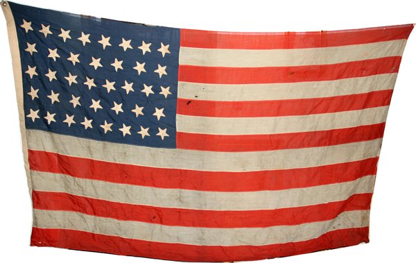 UNITED STATES 38-STAR FLAG, 19TH C., 101" X 60": UNITED STATES 38-STAR FLAG, 19TH C., 101" X 60":The blue field of each side with 38 hand-sewn stars arranged in rows of 8-7-8-7-8, two grommets at the side.