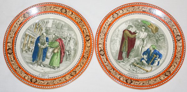 WILLIAM ADAMS & SONS LTD. 'SHAKESPEARE' PLATES: WILLIAM ADAMS & SONS LTD. 'SHAKESPEARE' EARTHENWARE PLATES, MID 20TH C., TWO, DIA 9 3/4":Including 1 plate depicting "Hamlet and the Gravedigger" from Hamlet and 1 plate depicting "Shylock and Tubal" 