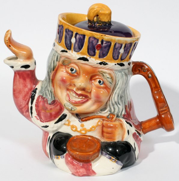 SHORTER & SON LTD. 'OLD KING COLE' TOBY TEAPOT: SHORTER & SON LTD. 'OLD KING COLE' POTTERY TOBY TEAPOT, H 5", L 5 1/2":The covered teapot is impressed "Shorter England Old King Cole 423" on the underside along with "Genuine Staffordshire Hand Paint
