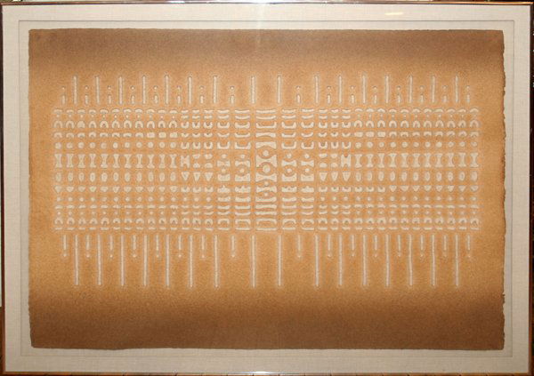 PAUL MAXWELL ACRYLIC STENCIL CASTING 29" X 41": PAUL MAXWELL, ACRYLIC STENCIL CASTING, 29" X 41", 'LEATHER LOOK', 75/75:Floated in frame 34" x 46", framed.