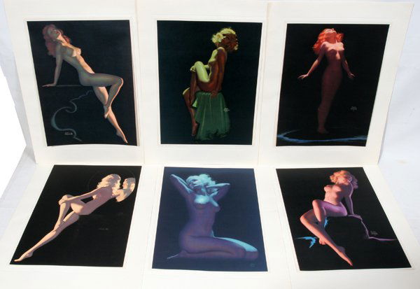 AFTER EARL MORAN, OFFSET LITHOGRAPHS, 14" X 11": AFTER EARL MORAN, OFFSET LITHOGRAPHS, 14" X 11", 6, 14" X 11" IMAGE, "RUNNING INTO SIX FIGURES":Portfolio of female nude pin-ups; unframed, but in original folder.