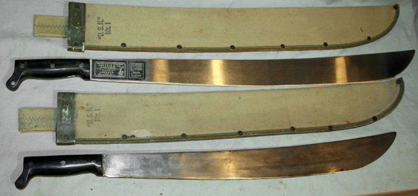 USN MK 1 & 2 MACHETES, C1944, 2 PCS.,: USN MK 1 & 2 MACHETES, C1944, 2 PCS., L 22" & 26" BLADES:includes a USN Mk 1 machete with 26" blade and stamped w "U.S.N. M.K-1Legitimus Collins & Co. 1944"; with the original Collins & Co. label adhe