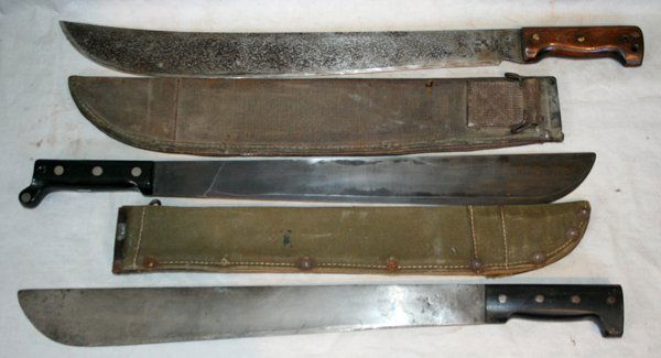 SWI & COLLINS MILITARY MACHETES, C1944, 3 PCS: SWI & COLLINS MILITARY MACHETES, C1944, 3 PCS., L 18" & 20" BLADES:includes a Collins & Co. USN machete, 20" blade, finished wood grips, olive drab stiff canvas sheath, 1944; SWI US 1943 machete, 18"