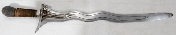 INDONESIAN KERIS (KRIS) DAGGER, ANTIQUE, L 18": INDONESIAN KERIS (KRIS) DAGGER, ANTIQUE, L 18":Having designs on the wavy shaped blade and a woven chord and wood handle.