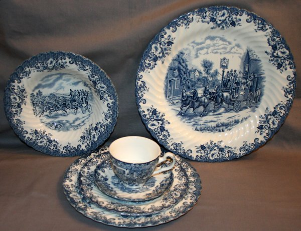 ENGLISH IRONSTONE PARTIAL DINNER SERVICE, 35 PC: ENGLISH IRONSTONE PARTIAL DINNER SERVICE "COACHING SCENES", 35 PCS.:Johnson Brothers stoneware; having six dinner plates, 10" dia; seven salad plates, six rimmed soup bowls, 8 1/2" dia; one serving pl