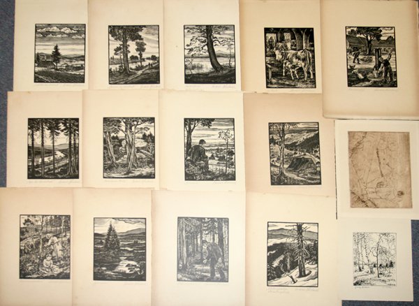ERWIN GÖRLACH FOLIO EUROPEAN WOODBLOCK PRINTS: ERWIN GÖRLACH (DE 1902-1974) FOLIO OF EUROPEAN WOODBLOCK PRINTS FOURTEEN:Twelve are titled and pencil signed Erwin Görlach. Two additional prints, one of which is titled 'Junge Birken )Young Birches