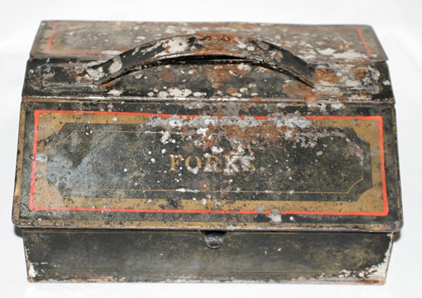 ANTIQUE TOLE CUTLERY BOX APPROX 12": ANTIQUE TOLE CUTLERY BOX APPROX 12":Paint chipped jw From the Collection of Alfred S. Warren.