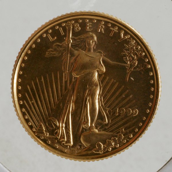 US $5 DOLLAR WALKING LIBERTY/EAGLE FLYING GOLD: US $5 DOLLAR WALKING LIBERTY/EAGLE FLYING GOLD COIN, 1999 PROOF LIKE, UNCIRCULATED, MS-65 FIBE GOLD:MB & JW. Flying Eagle and young eagles. Mirrior like Finish. Uncirculated. - MS-65 Grade. Strong Lus