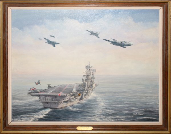 GEOFFREY SHAW OIL/CANVAS BOARD 24" X 30" H.M.S.: GEOFFREY SHAW, OIL ON CANVAS BOARD 24" X 30" H.M.S. ARK ROYAL WITH BUCCANEER AIRCRAFT OVERHEAD:H.M.S. ARK ROYAL WITH BUCCANEER AIRCRAFT OVERHEAD, oil on canvas board. 24" x 30". Signed lower right. Cu