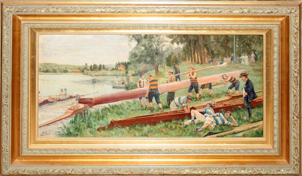F. GODOT OIL/BOARD 11" X 23", DEPICTS SCULLERS