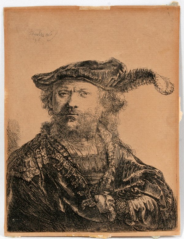 AFTER REMBRANDT ETCHING PRINTING 5 1/2" X 4 1/4": AFTER REMBRANDT, ETCHING, LATE PRINTING, 5 1/2" X 4 1/4", "SELF PORTRAIT IN A FEATHERED CAP":Plate signed and dated 1636; on laid paper; thread margins; matted.