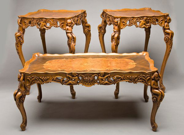 ITALIAN MARQUETRY AND CARVED TABLES 1970'S, 3: ITALIAN MARQUETRY AND CARVED TABLES, VARIOUS WOODS, 1970'S, 3, H 29", 22" SQUARE & H 18", L 41":Walnut and satinwood, circa 1940. Sold to benefit the Detroit Institute of Art.
