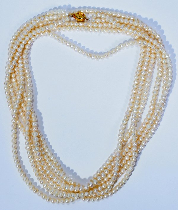 WHITE FRESH WATER PEARL NECKLACE: WHITE FRESH WATER PEARL NECKLACE:Worn as a multi-strand necklace, the total length of 120" is as if it were spread out.