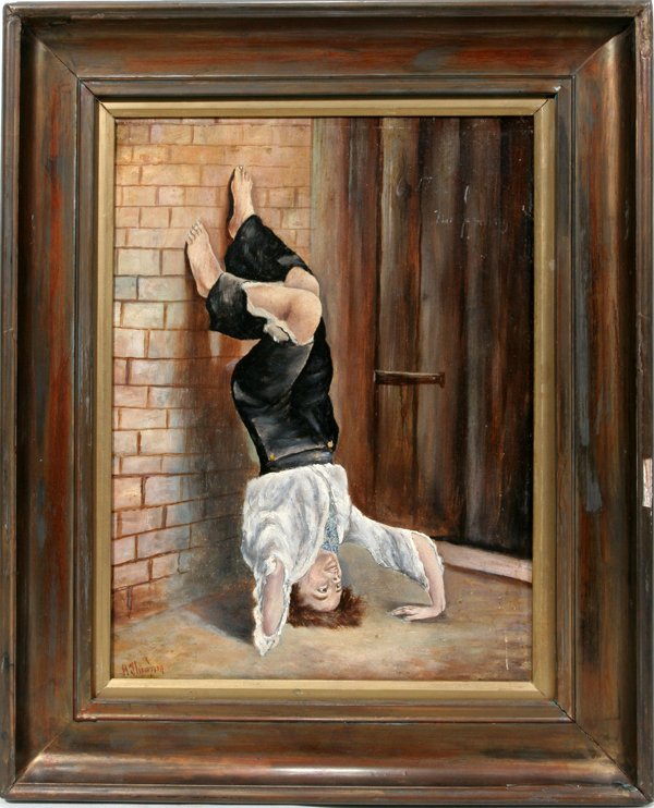 HARRY THOMPSON OIL ON BOARD 14" X 11" "A TRICK: HARRY THOMPSON, OIL ON BOARD 14" X 11", "A TRICK FOR A HALF PENNY": BRITISH 19TH C.:13 3/4" x 10 3/4"; signed lower left, also faintly signed upper right; framed.