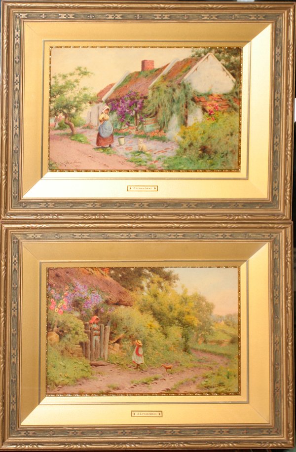 JOHN ABERNATHY LYNAS-GRAY, WATERCOLORS,, 1913: JOHN ABERNATHY LYNAS-GRAY, WATERCOLORS,, 1913, PAIR, 7" X 10", SUMMER:Signed. Framed. Framed size: 12" x 15 1/2". British 1869 - 1940. A young girl by cottage garden and a summer afternoon. 7" x 10". 