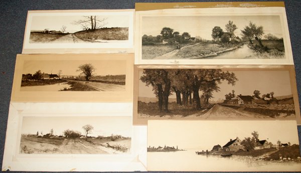 LANDSCAPE ETCHINGS BY ERNEST ROST, G.W. BHODE &: LANDSCAPE ETCHINGS BY ERNEST ROST, G.W. BHODE & H.M. ROSENBERG, 7, 7" X 22" - 10" X 32", C. 1900:Some laid down; all unframed.