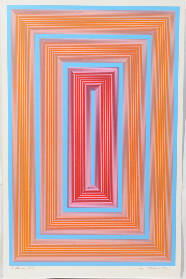 RICHARD ANUSZKIEWICZ, SILKSCREEN, 34 1/2" X: RICHARD ANUSZKIEWICZ, SILKSCREEN, 34 1/2" X 22 1/2", 1971: AMERICAN B. 1930:No edition number; signed and dated; inscribed, "To Harold and Ruth"; mounted but unframed.
