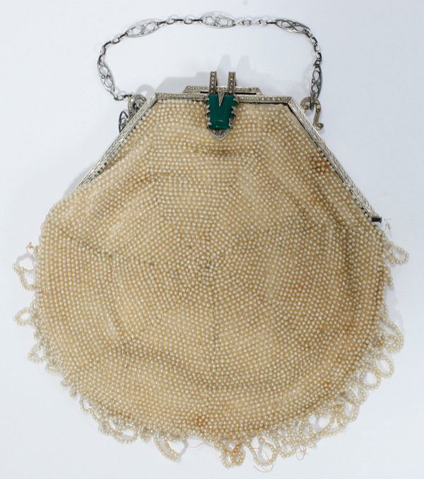 ANTIQUE BEAD SEED PEARL PURSE, STERLING FRAME: ANTIQUE MICRO BEAD SEED PEARL PURSE, STERLING FRAME: