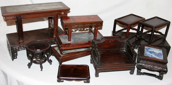 CHINESE 19TH.C.MINIATURE FURNITURE PIECES, 12: CHINESE 19TH.C.MINIATURE FURNITURE PIECES, LOT OF 12:L.13". 12", 10", 9 1/2", One round dia 4 1/4". Three inset with marble, one inset with blue and white Canton porcelain. Settee with back and sides 