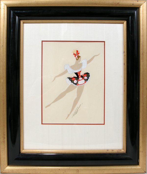 ROMAIN DE TIRTOFF ERTE GOUACHE ON PAPER, 12": ROMAIN DE TIRTOFF ERTE (1892-1990), GOUACHE ON PAPER, 12" X 9", COSTUME DESIGN:Depicting a ballerina wearing a white costume with floral tutu; signed lower right, double-matted under glass in a modern