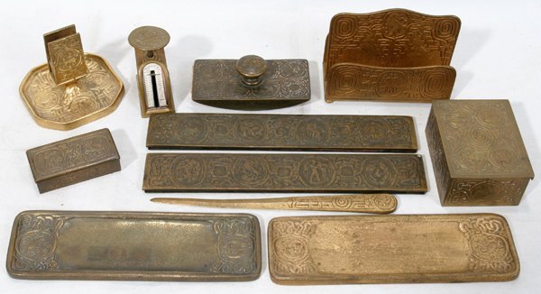 TIFFANY STUDIOS BRONZE DESK ACCESSORIES, 10 PCS