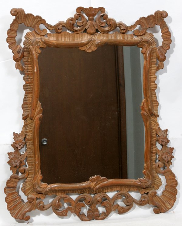 FRENCH ANTIQUE CARVED WALL MIRROR, 32" X 27"