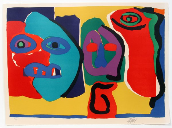 KAREL APPEL COLOR LITHOGRAPH 22" X 30" FACES: KAREL APPEL (NL 1921-2006) COLOR LITHOGRAPH 22" X 30" FACES:Unframed, signed lower right and done in shades of blue, yellow, red, black and green
