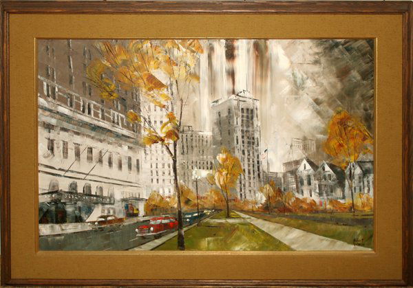 ROBERT LEBRON, OIL/CANVAS, 24" X 36", 'DETROIT': ROBERT LEBRON, OIL ON CANVAS, 24" X 36", 'DETROIT':A view of downtown Detroit including the Statler Hotel, the Fife Building, and the David Whitney Building under construction; signed, framed. A Burge
