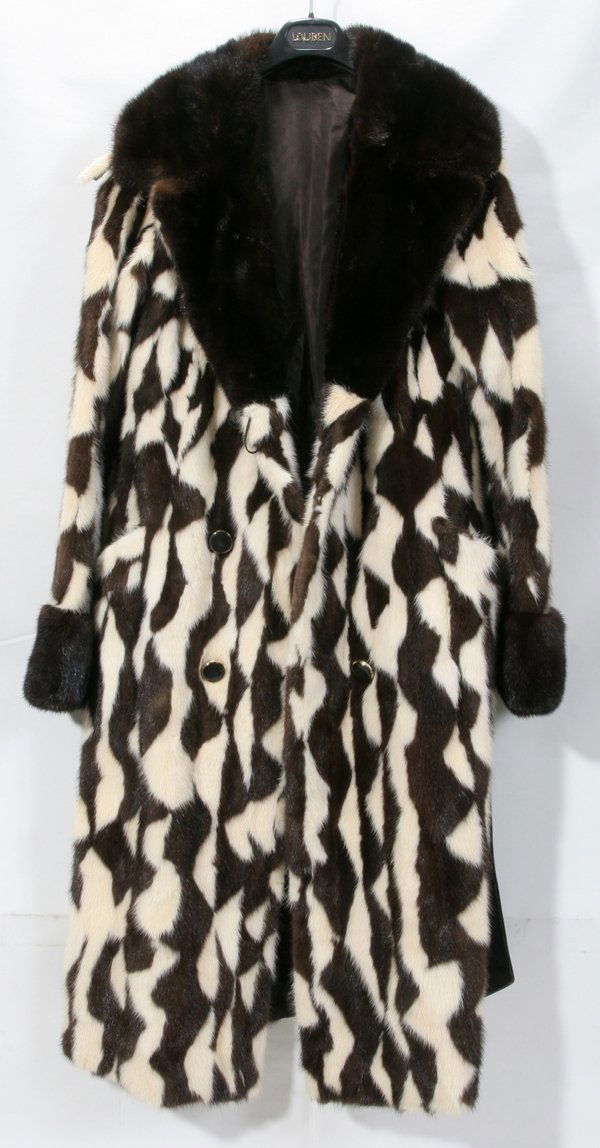 BROWN & CREAM MINK COAT, FURS BY ROBERT OF DET: BROWN & CREAM MINK COAT, FURS BY ROBERT OF DETROIT:Trimmed with brown mink on collar and cuffs and includes a leather belt.