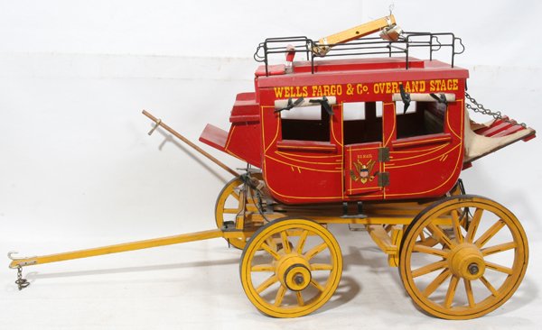 WOOD MODEL COACH, "WELLS FARGO OVERLAND STAGE": WOOD MODEL COACH, "WELLS FARGO OVERLAND STAGE", 16" X 29":Painted red, yellow wheels. L 29". U S Mail coach.