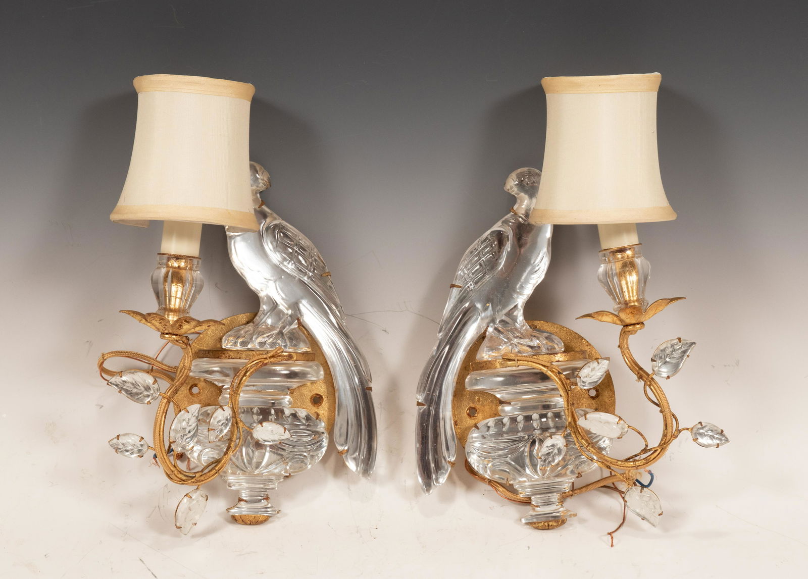 PARROT & URN FORM CRYSTAL SINGLE LIGHT SCONCES, PAIR, H (1 of 5)