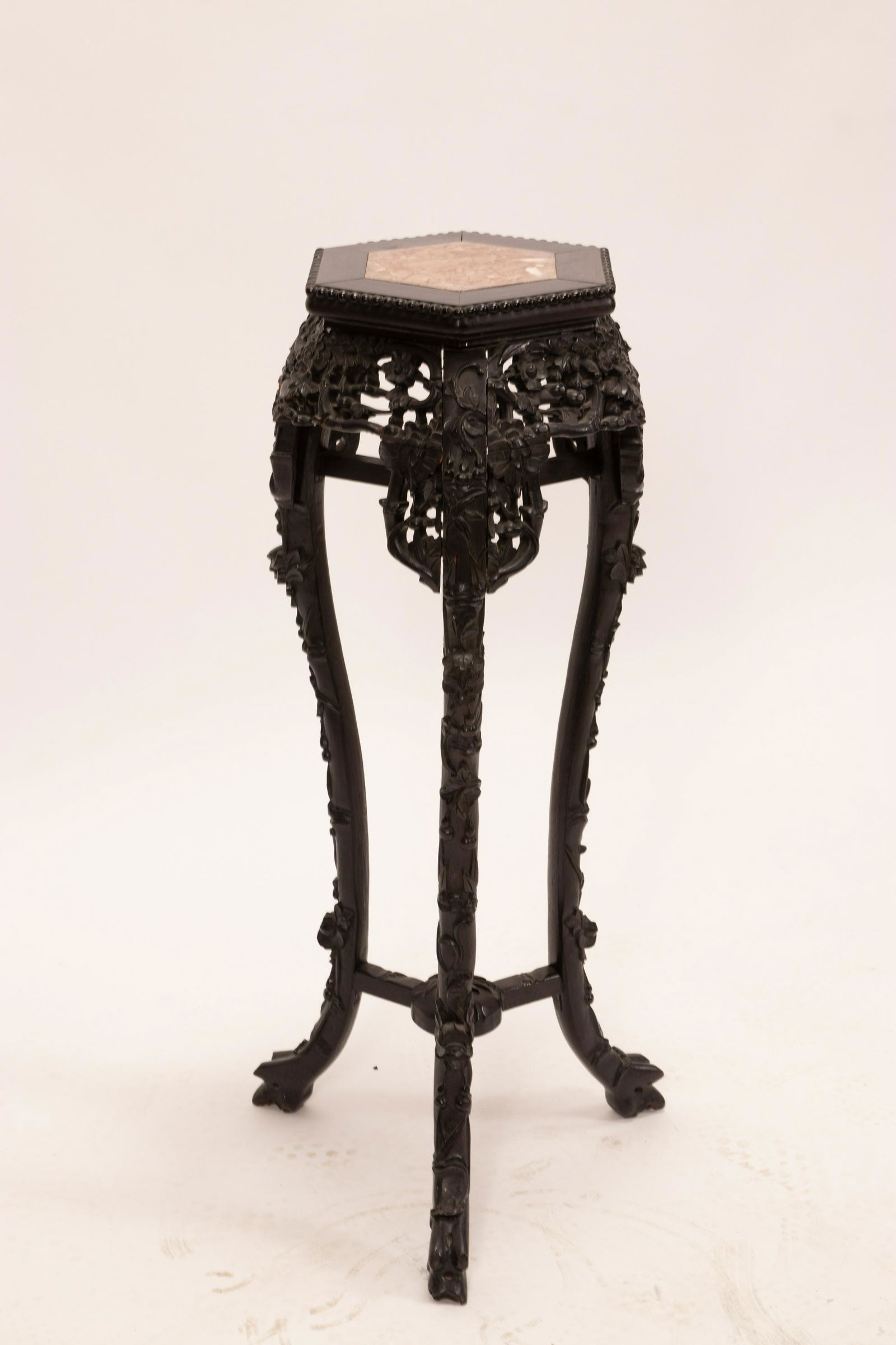 CHINESE CARVED TEAKWOOD & MARBLE PEDESTAL, C 1900 H (1 of 5)