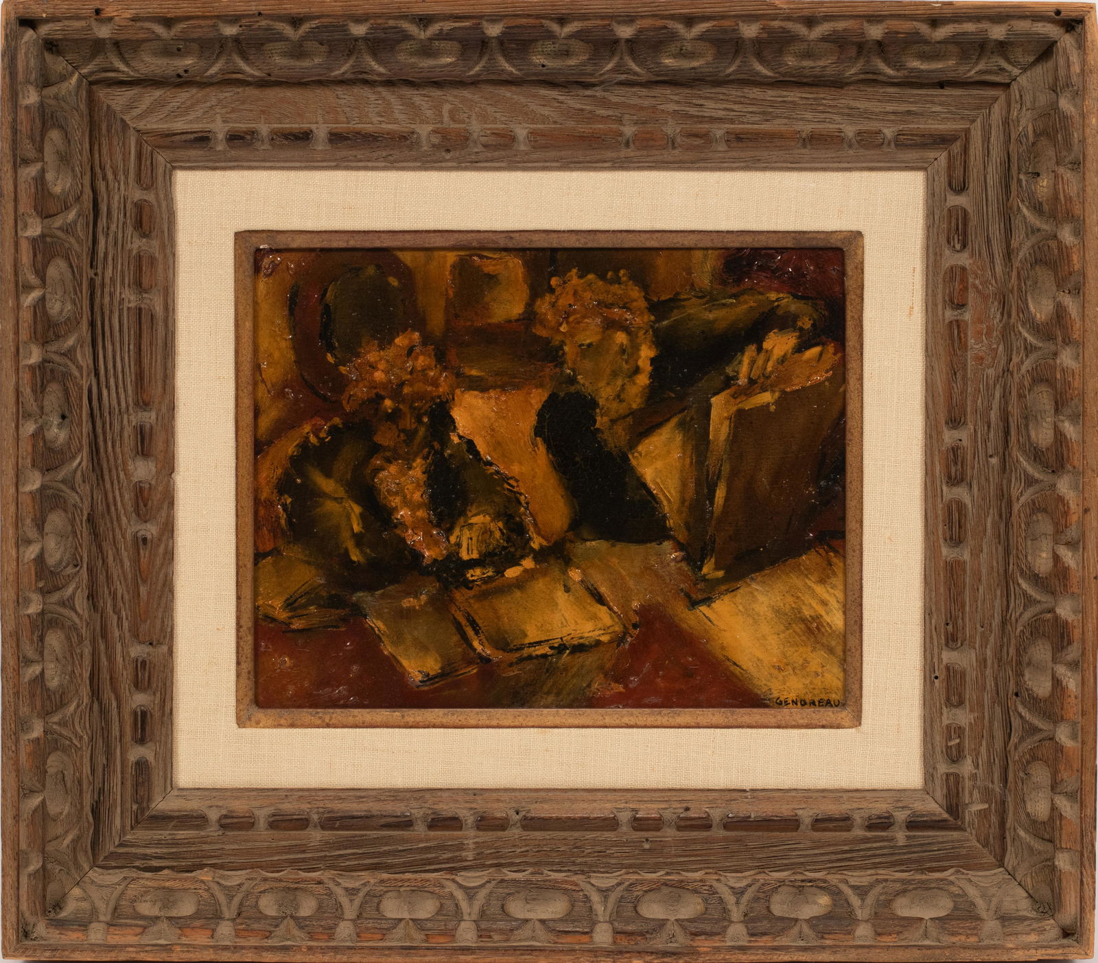 GENDREAU, OIL ON BOARD H 7" W 9.5" TWO FIGURES READING (1 of 4)