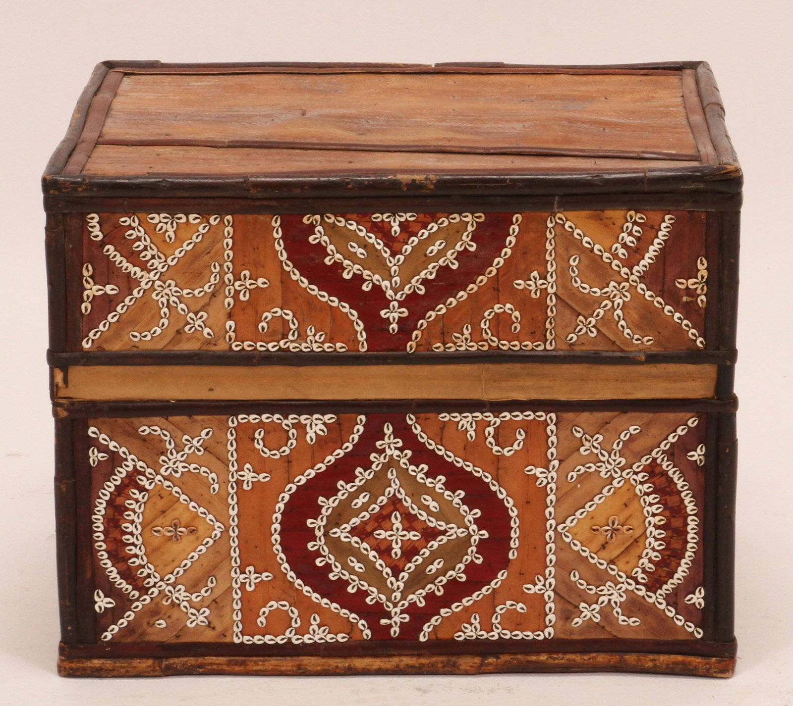 THAI HOPE CHEST H 13" W 16" D 12": THAI HOPE CHEST H 13" W 16" D 12" Cover is made to slip over the base. parchment and bamboo. Hand-made with bamboo strips and woven reeds. From a Hubbard Lake, Mi. private collection.