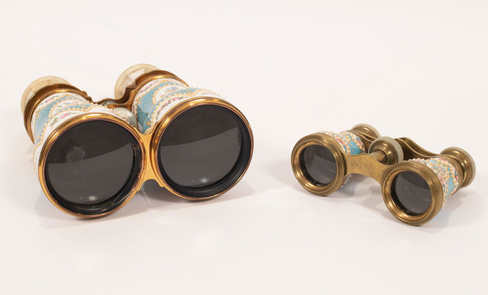 FRENCH PORCELAIN AND ENAMEL  OPERA GLASSES, TWO PAIRS, (1 of 8)