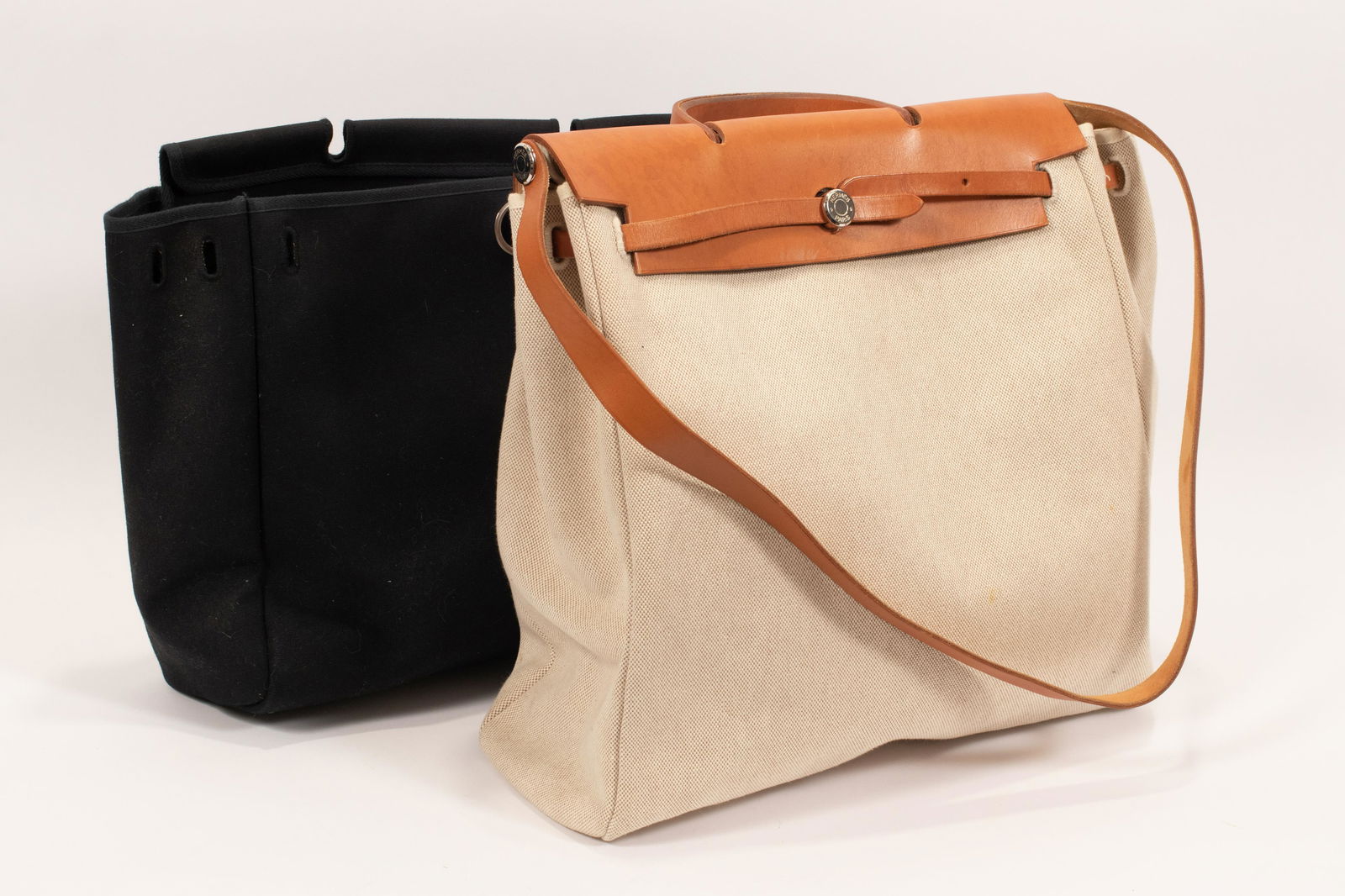 HERMES CANVAS & BROWN LEATHER  BAG H 16" W 14" HERBAG (1 of 3)