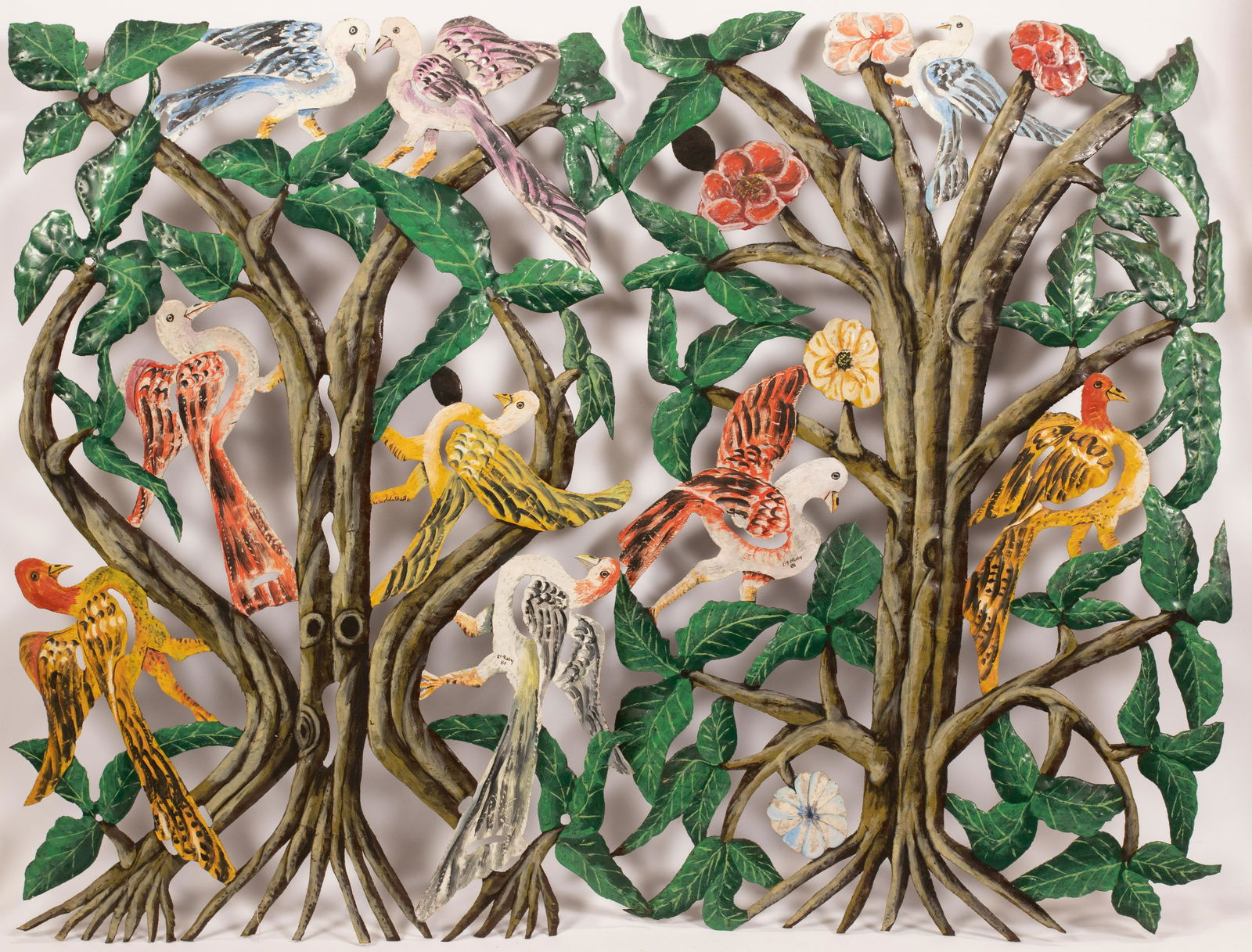 HAITIAN PAINTED METAL ORNAMENTS, PAIR, H 38", W 26" (1 of 5)