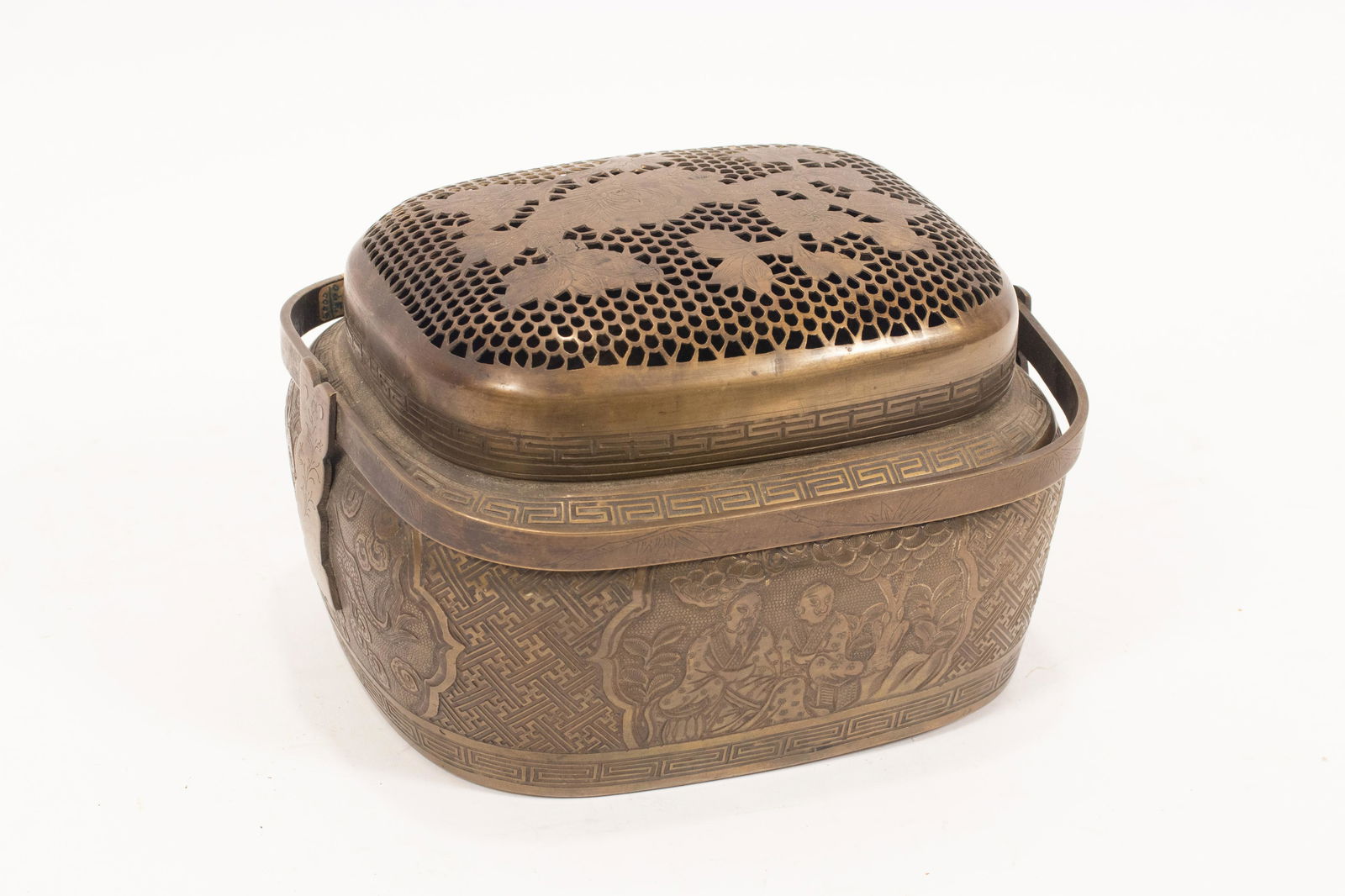 SIGNED CHINESE CRICKET-CAGE BRONZE BASKET  H 6.5" W 8" (1 of 5)