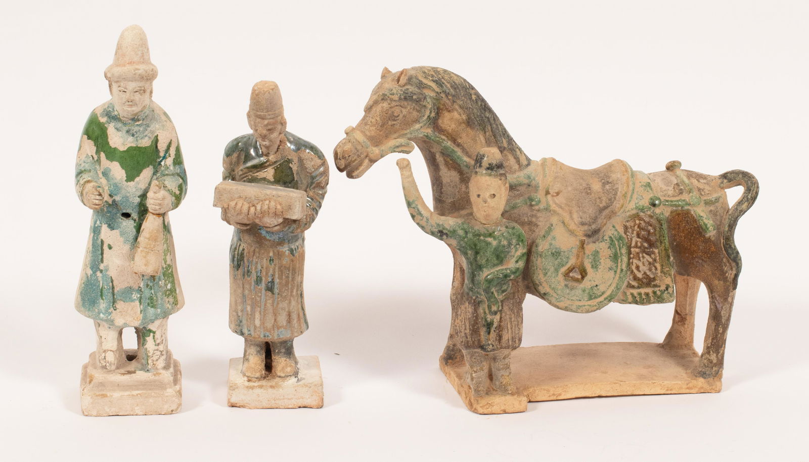 CHINESE TANG STYLE POTTERY HORSE & TOMB NODDERS, 3 PCS, (1 of 13)