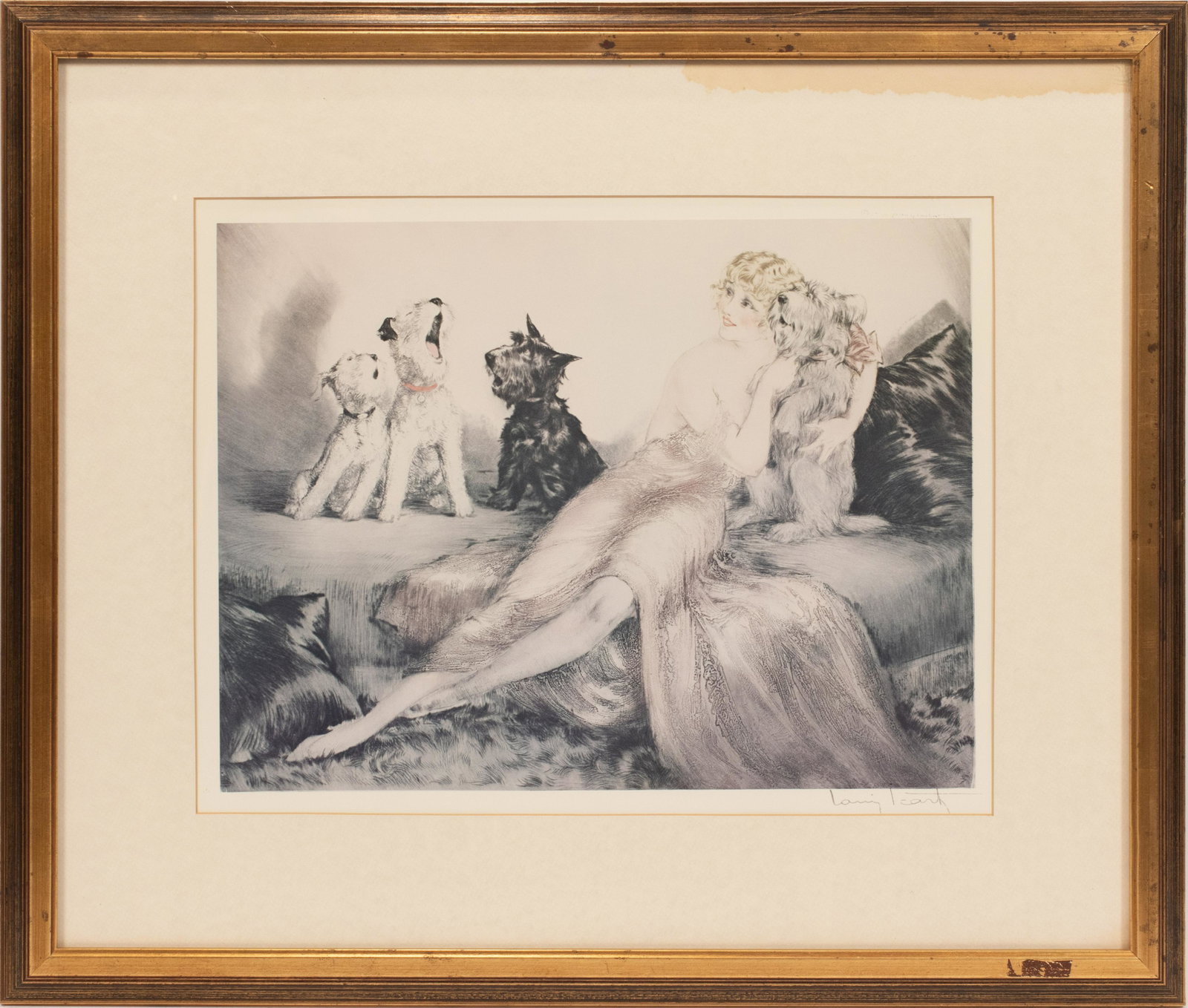 AFTER LOUIS ICART, REPRINT H 13" W 16" LADY WITH: AFTER LOUIS ICART, REPRINT H 13" W 16" LADY WITH SCOTTIE, WESTIE, FOX TERRIER Lady reclining on a divan with four dogs: Scottie, Fox Terrier, Westie. Gilt frame.