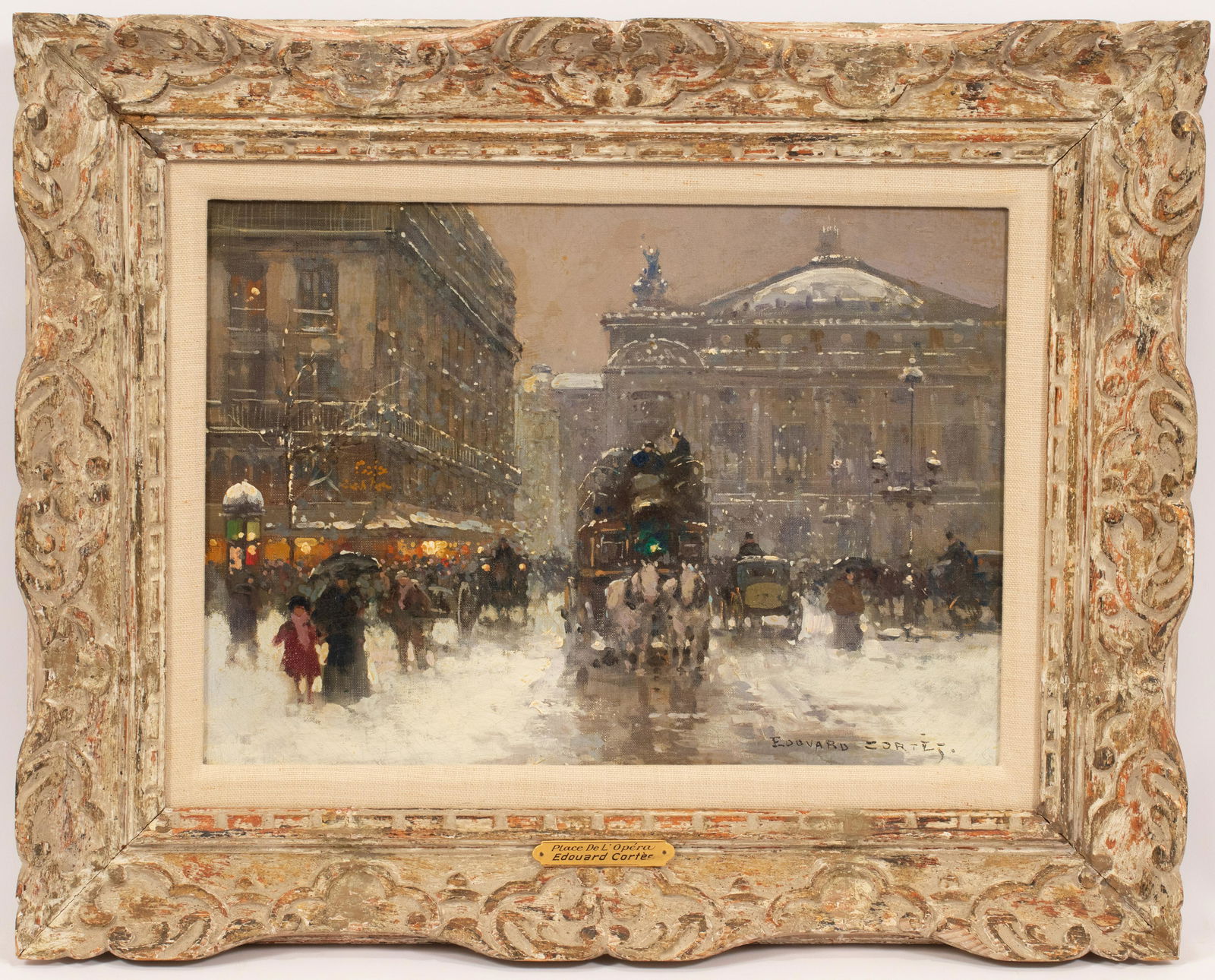 EDOUARD CORTES, (FRENCH 1882-1969), OIL ON CANVAS, H: EDOUARD CORTES, (FRENCH 1882-1969), OIL ON CANVAS, H 13", L 18", "PLACE DE L' OPERA" Signed lower right. Winter street scene with the main entrance of the Paris Opera House as viewed from the corner o