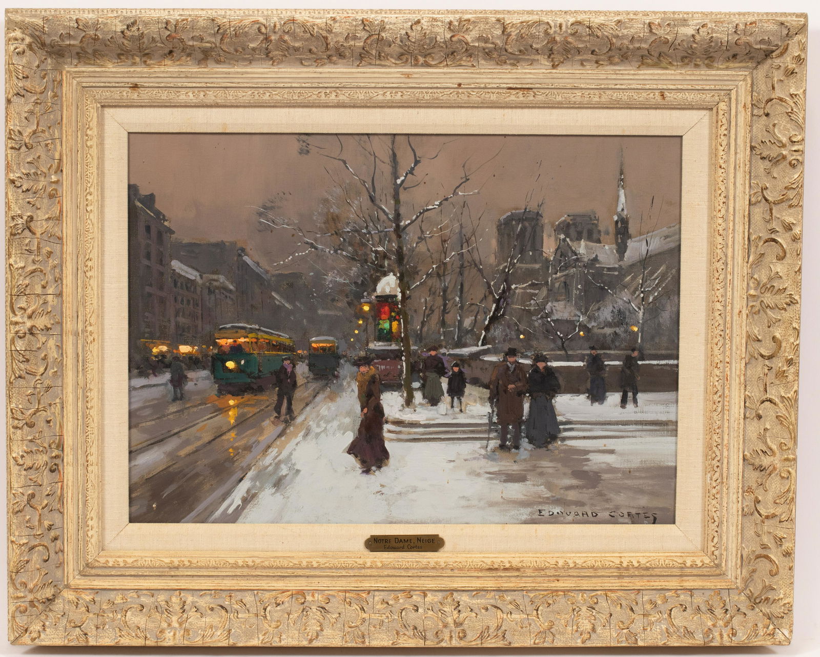 EDOUARD CORTES, (FRENCH 1882-1969), OIL ON CANVAS, H: EDOUARD CORTES, (FRENCH 1882-1969), OIL ON CANVAS, H 13", W 18", "NOTRE DAME, NEIGE" Signed lower right. Winter scene depicting Notre Dame as viewed from the Pont de L'Arechveche (Archbishop). Findlay